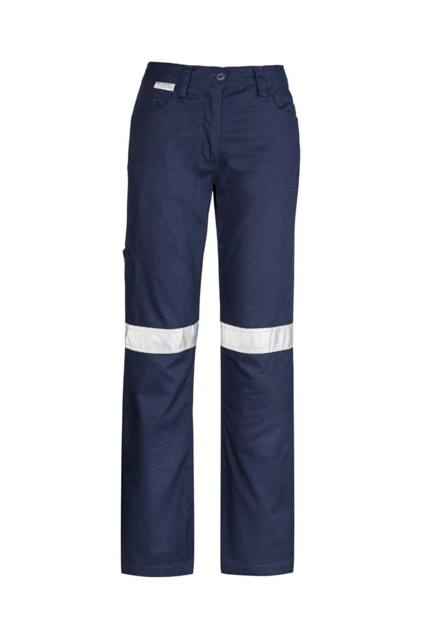 Navy women's utility pants with reflective tape, featuring pockets and a logo. Suitable for workwear.