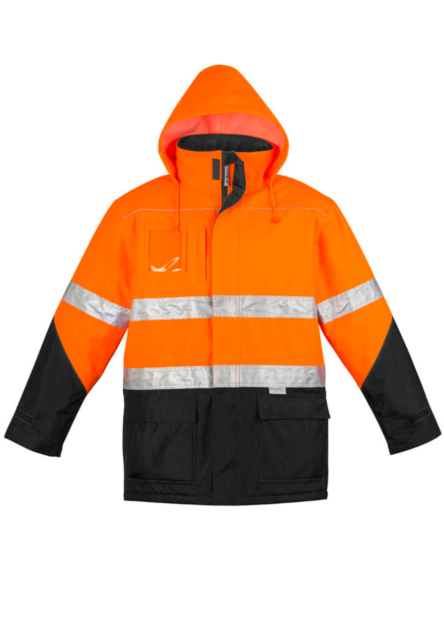 A men's hi vis storm jacket featuring bright orange and black colours, with reflective stripes and a hood.