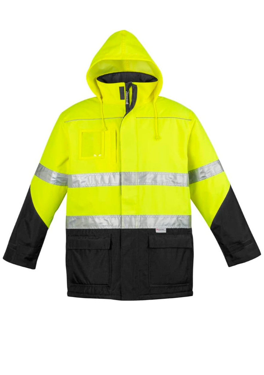 A hi-vis storm jacket in bright yellow with black accents and reflective stripes, featuring a hood and pockets.
