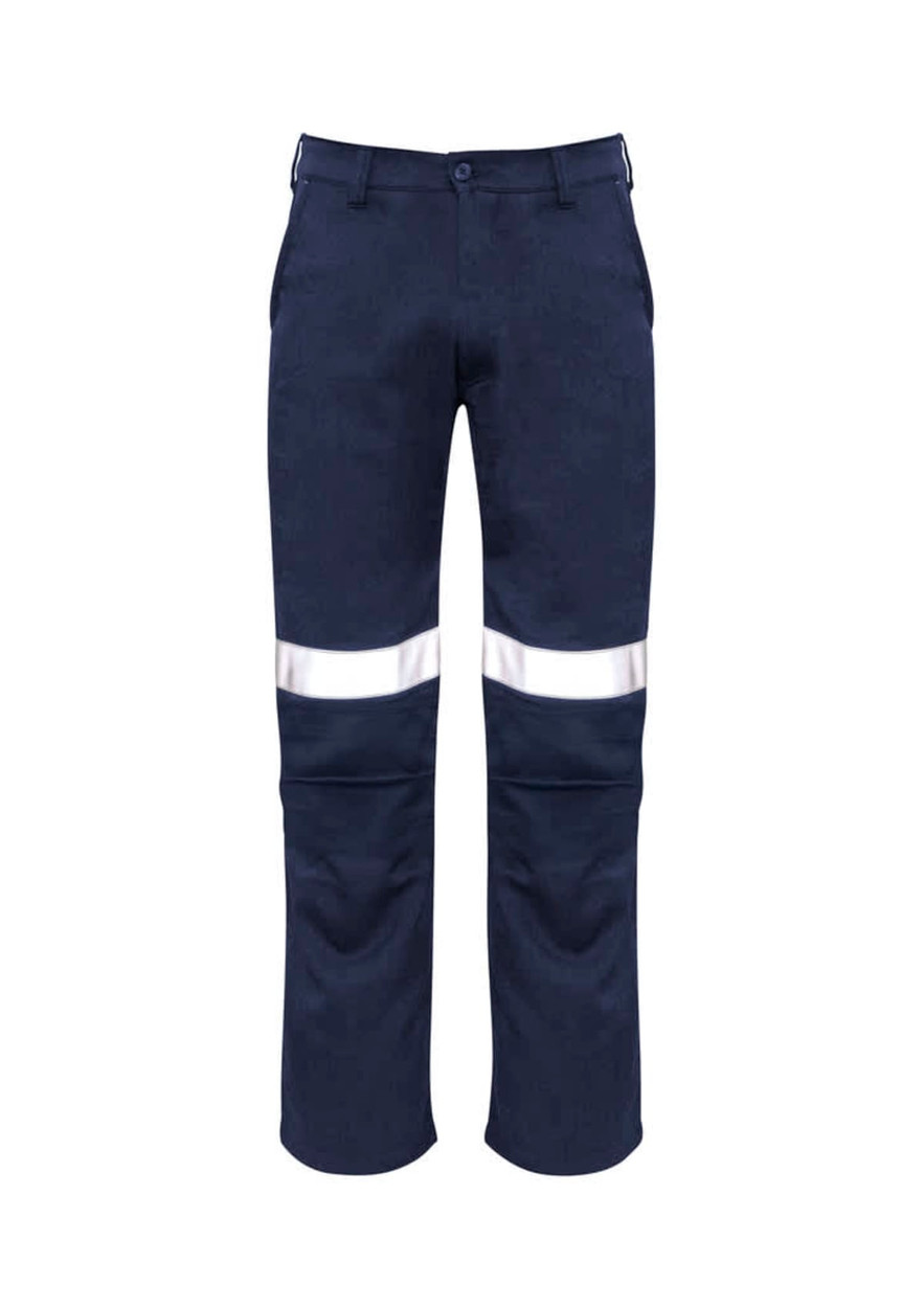 Navy work pants featuring reflective tape detail, designed in a traditional style with a logo present.