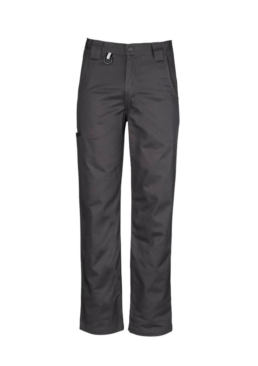 A pair of men's plain black utility pants with multiple pockets and a secure fastening.