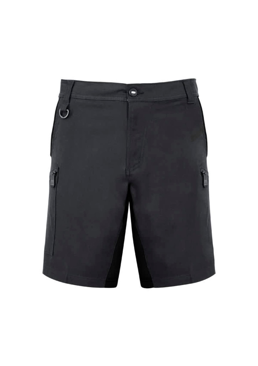 A pair of black work shorts featuring pockets and a logo. Suitable for active wear in various settings.