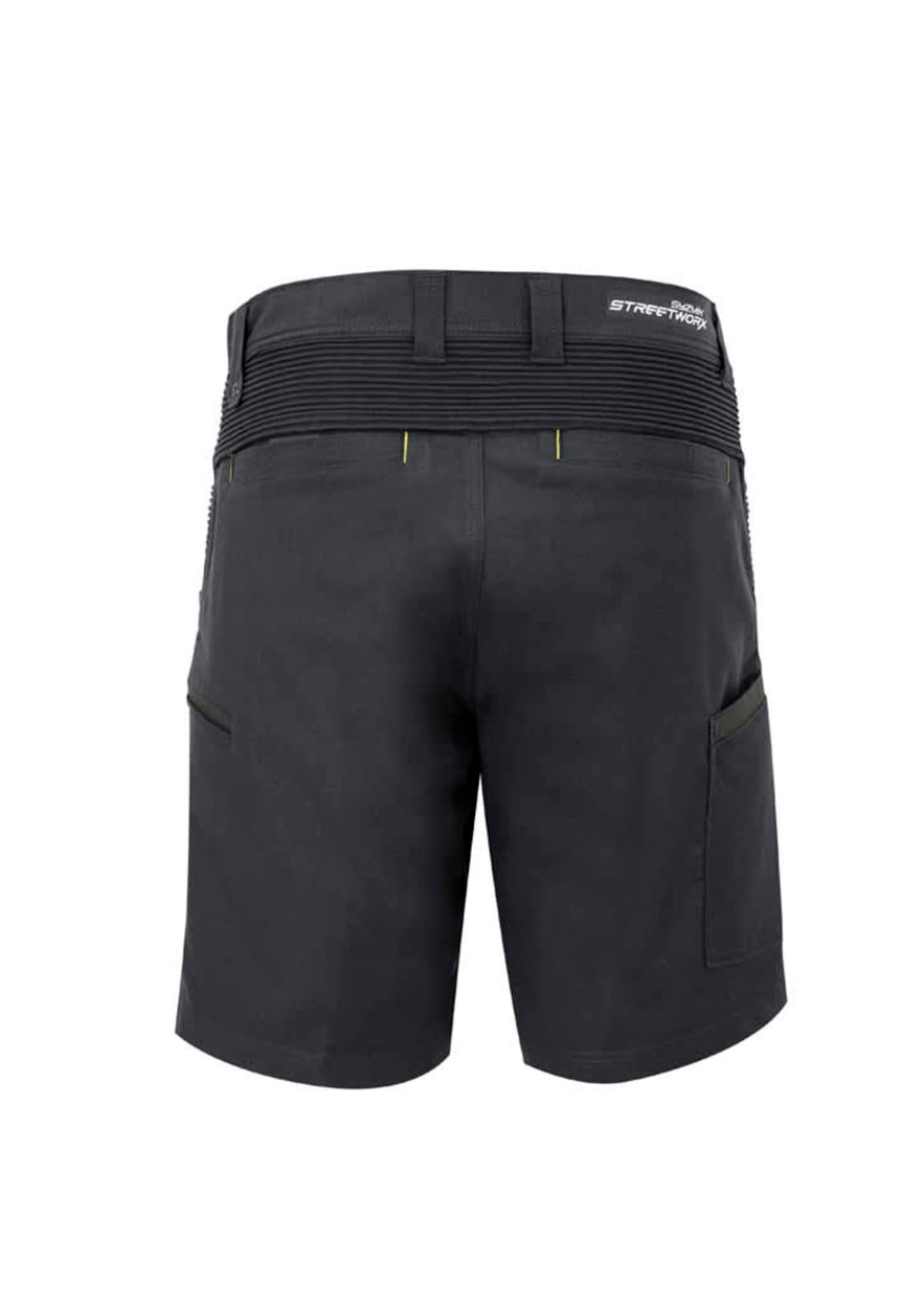 Men's black stretch work shorts featuring a back view with pockets and a logo on the waistband.