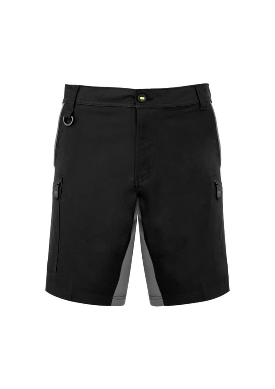 Black work shorts featuring side pockets and a logo, designed for comfort and flexibility.