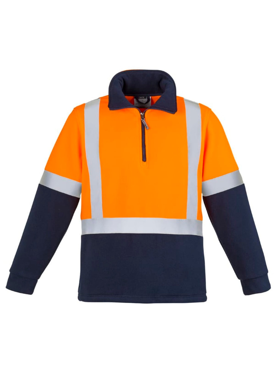 Unisex high visibility polar fleece pullover in orange and navy, featuring shoulder taping and a zip neck.