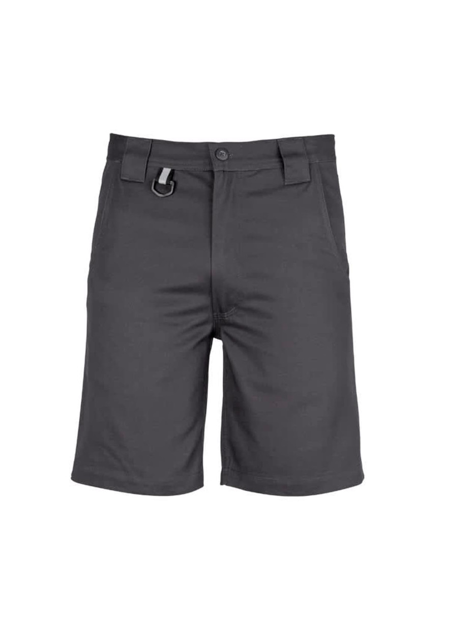 Plain utility shorts in dark grey, featuring a single logo, designed as casual bottoms for men.