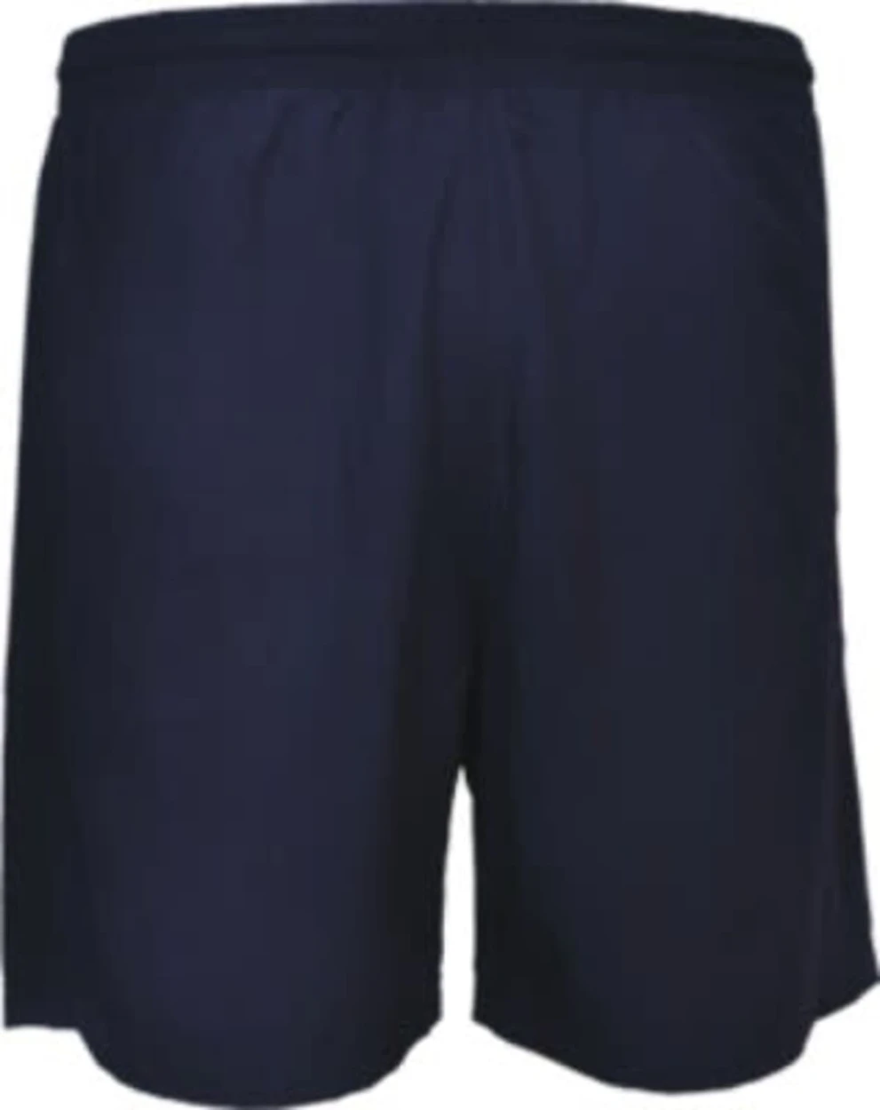 Navy blue woven running shorts with an elastic waistband and a branding logo. Ideal for sports activities.