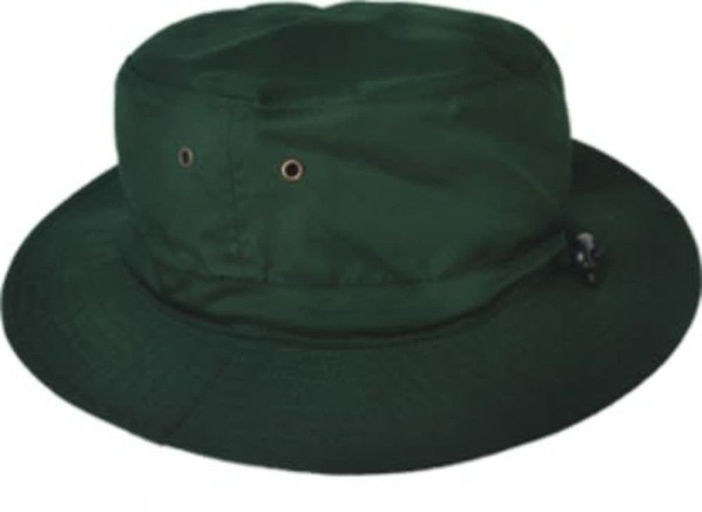 A green bucket hat with ventilation eyelets, featuring a branding logo.
