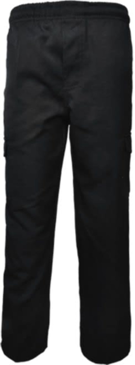 Black kids' cargo pants featuring side pockets and an elastic waistband. The design includes a logo.