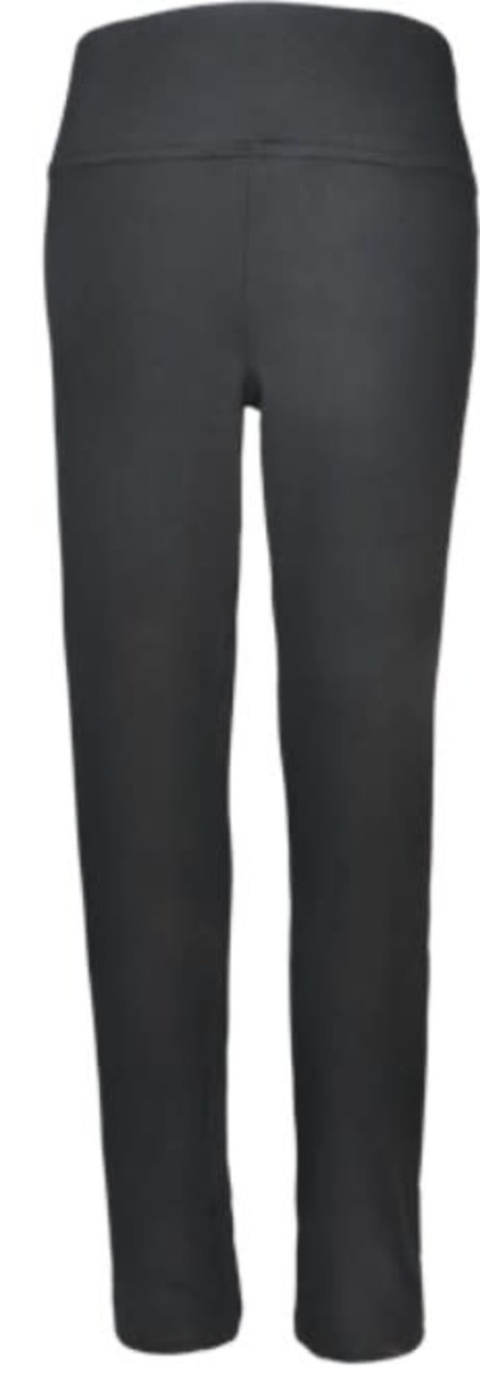 Ladies yoga tights in black, featuring a simple design and a waistband for comfort. Includes a logo.