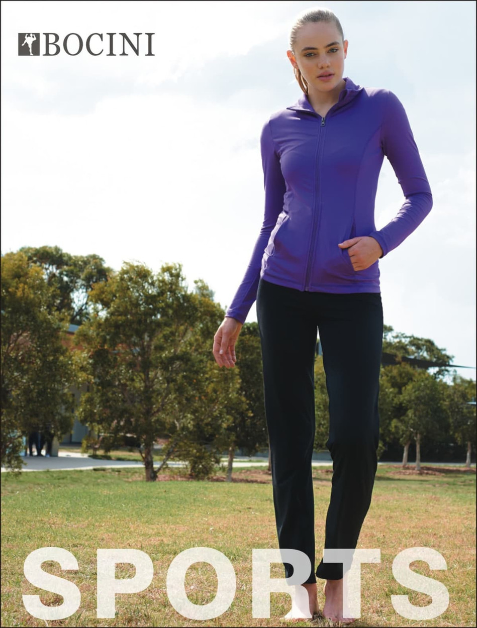 A model wearing purple sports top and black yoga tights, standing outdoors with greenery in the background. The image features a logo.