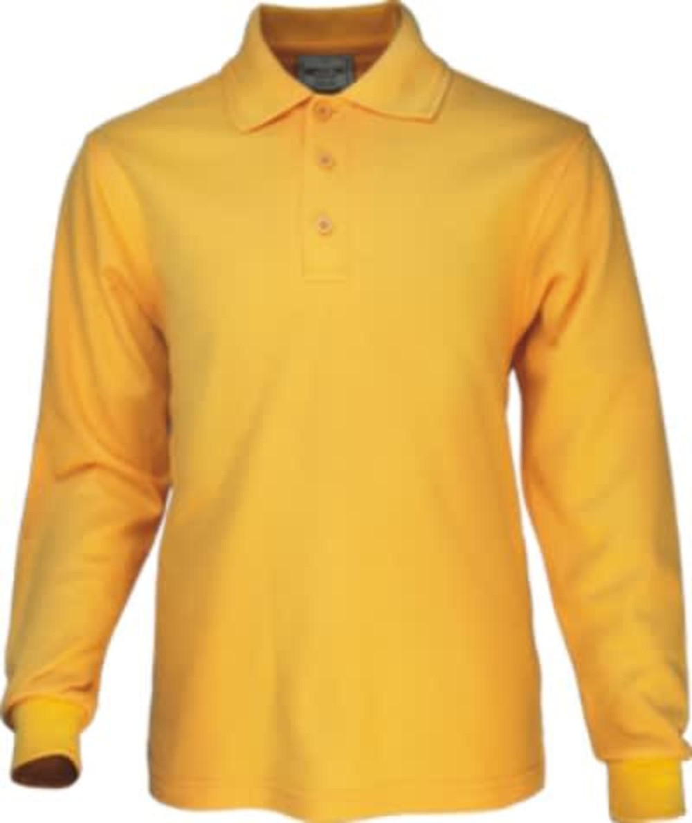 A bright yellow long sleeve polo shirt with a collar, featuring buttons and ribbed cuffs. It has a logo.