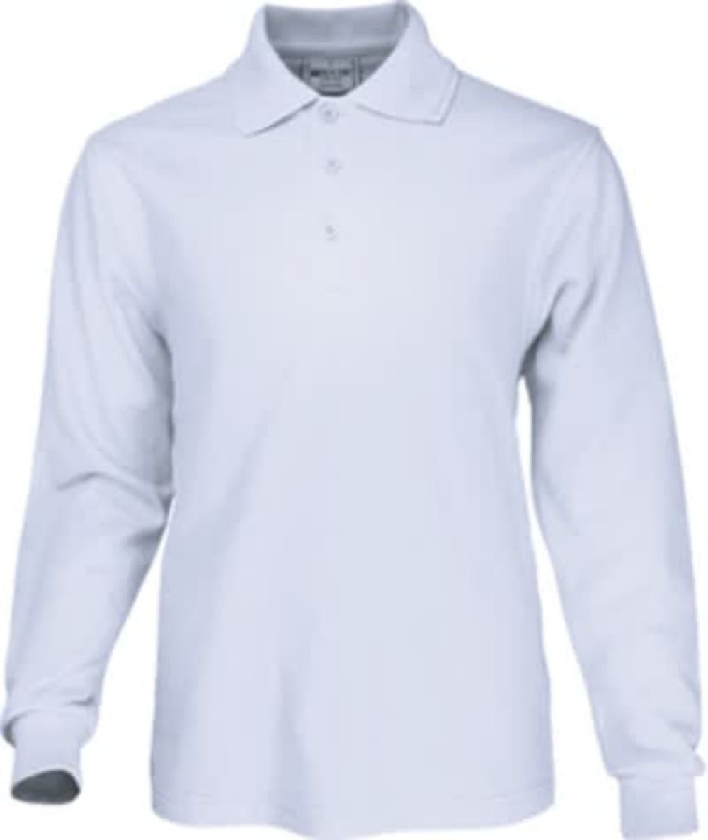 A long sleeve polo shirt in white with a collar and three-button placket, featuring a logo on the breast.