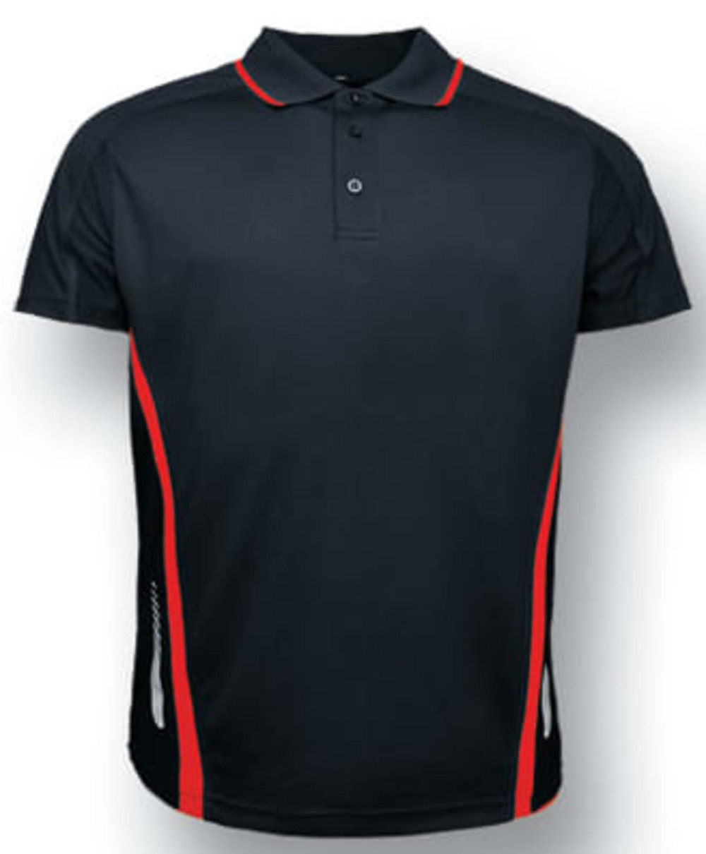A black polo shirt with red accents, featuring a collar and a logo.