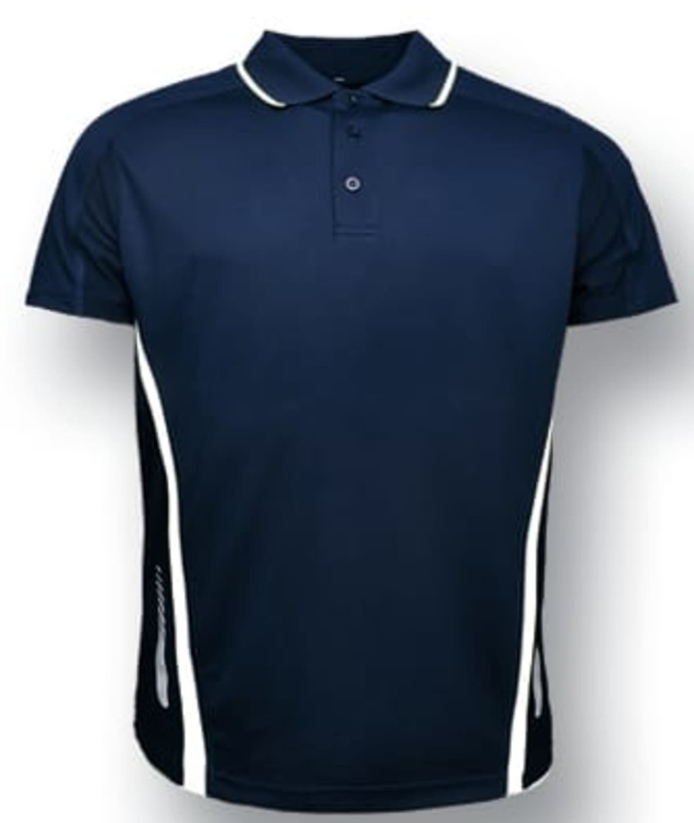 A navy polo shirt with white side accents and a logo. It features a classic collar and buttons.