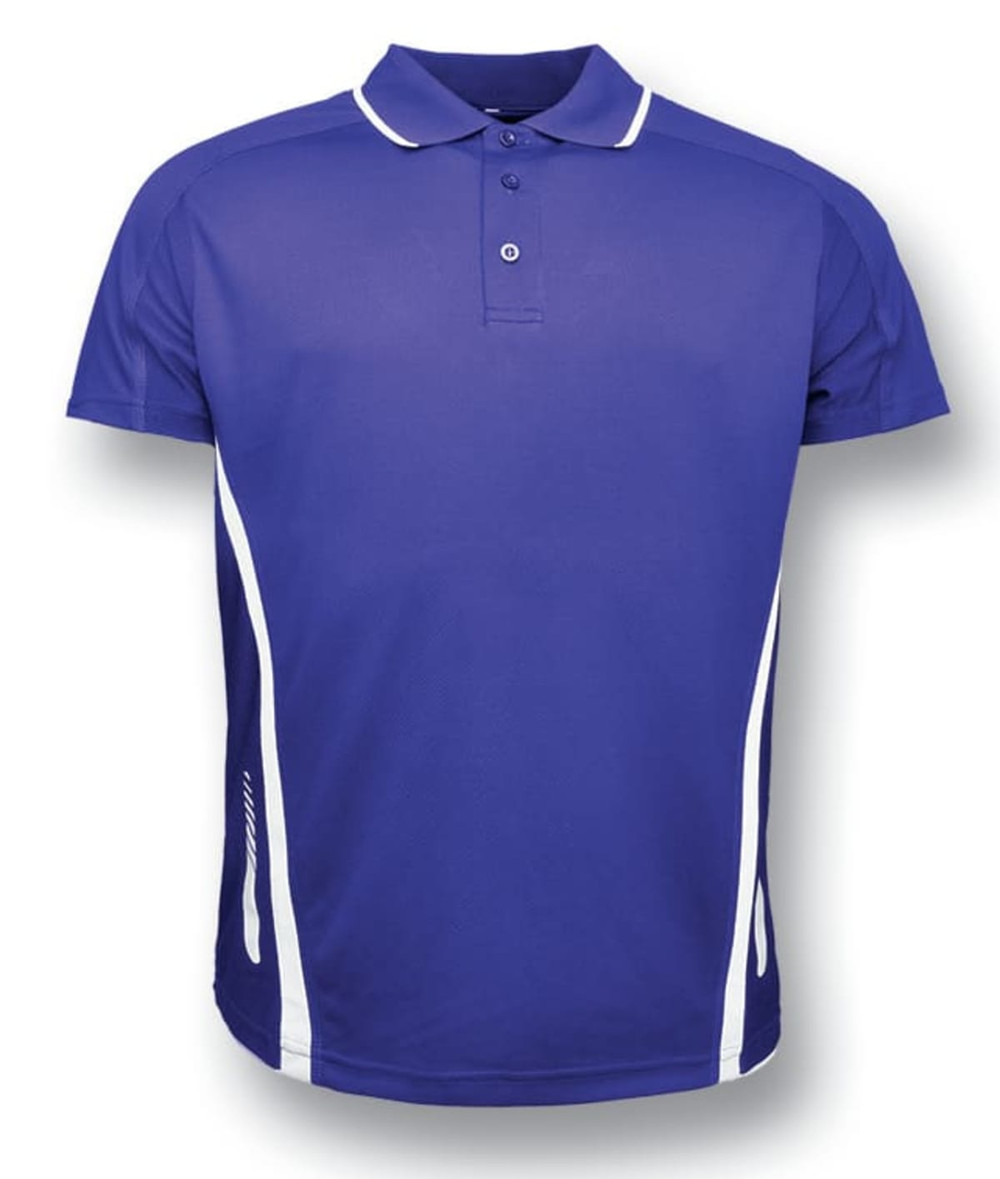 A unisex adult polo shirt in vibrant blue with white side accents and a collar. Features a logo.