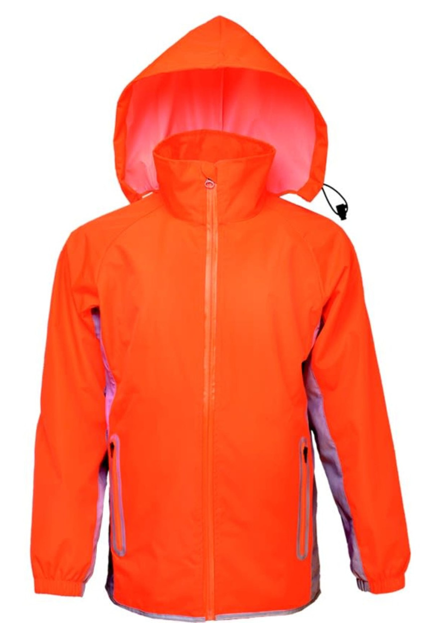 A bright orange unisex adults reflective wet weather jacket with a hood and contrasting trim. Features a logo.