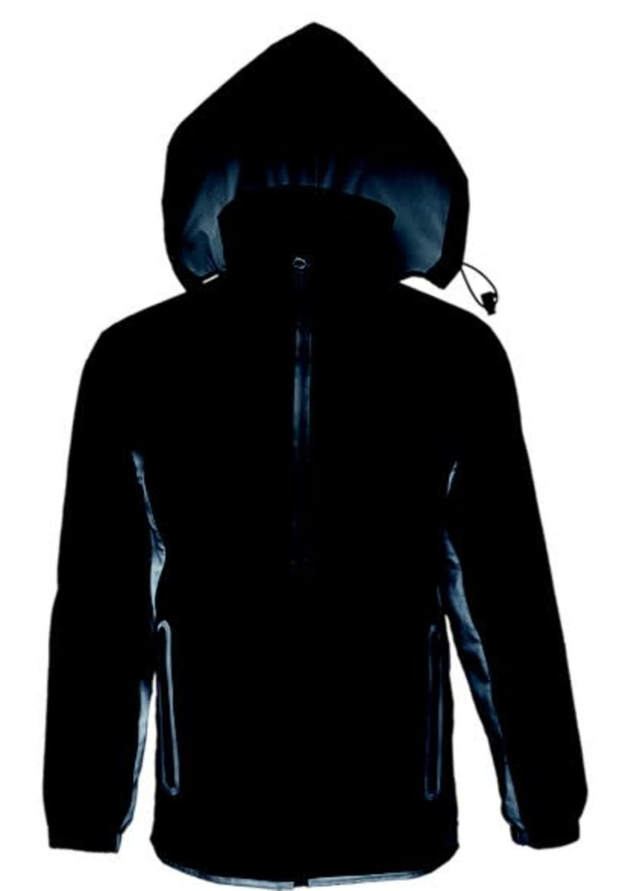 A black unisex reflective wet weather jacket with a hood and side pockets. Features reflective detailing.