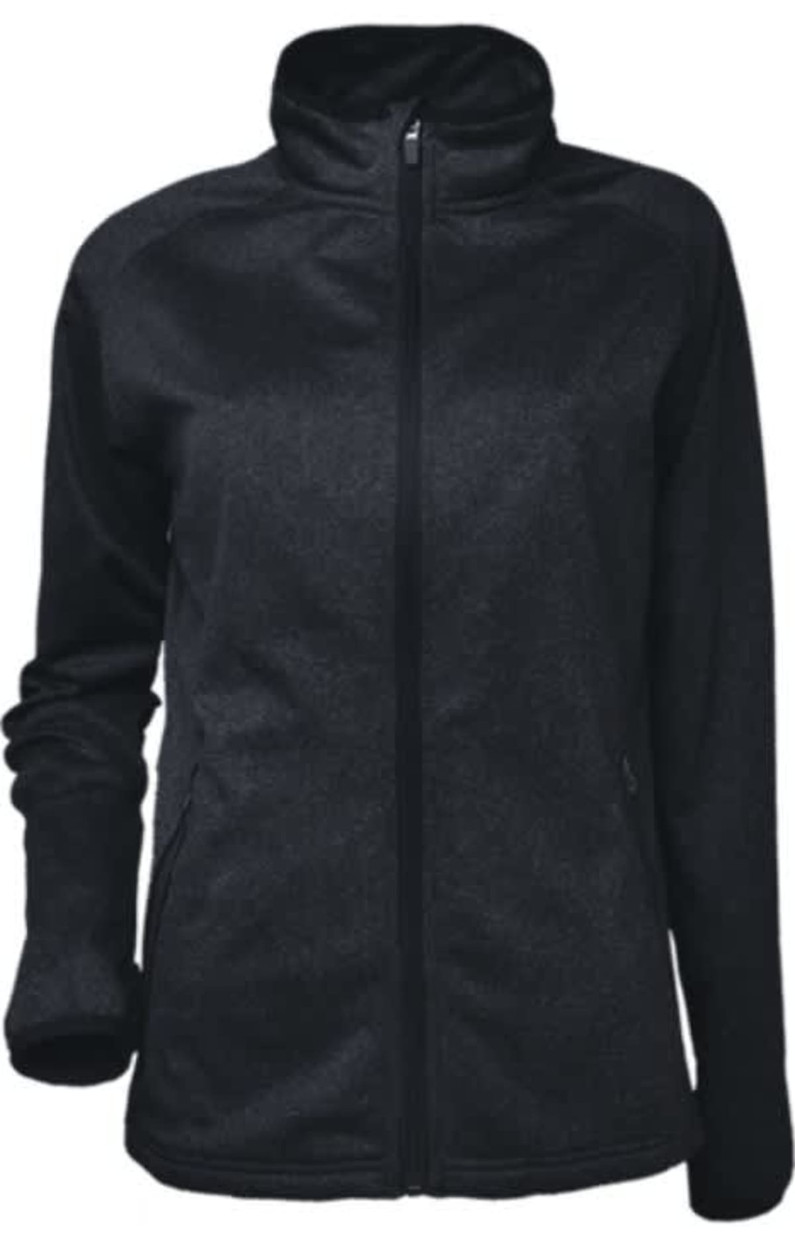 A black polar fleece zip-through jacket with a high collar and side pockets. It features a logo on the garment.