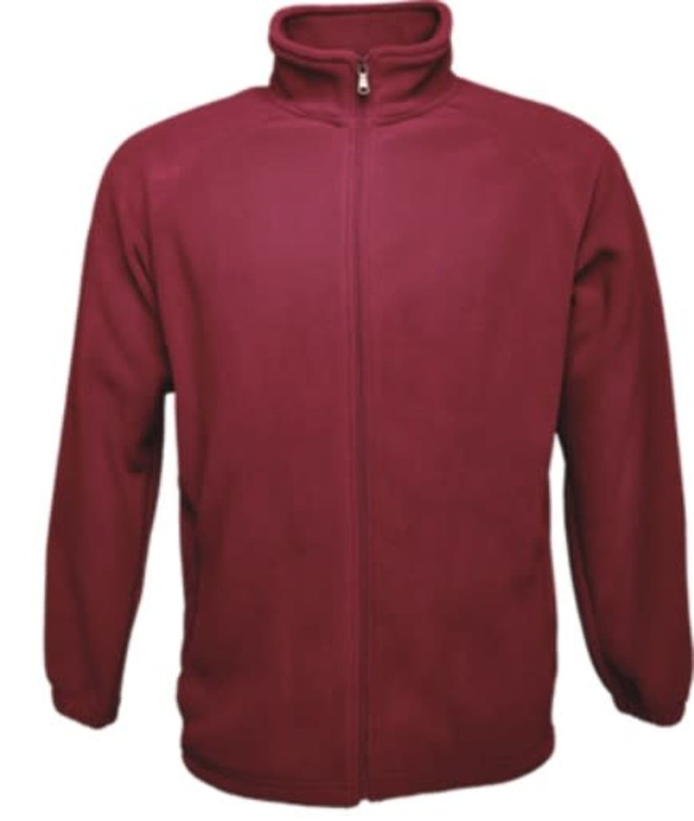 A maroon unisex adults polar fleece zip-through jacket with long sleeves and a high collar.