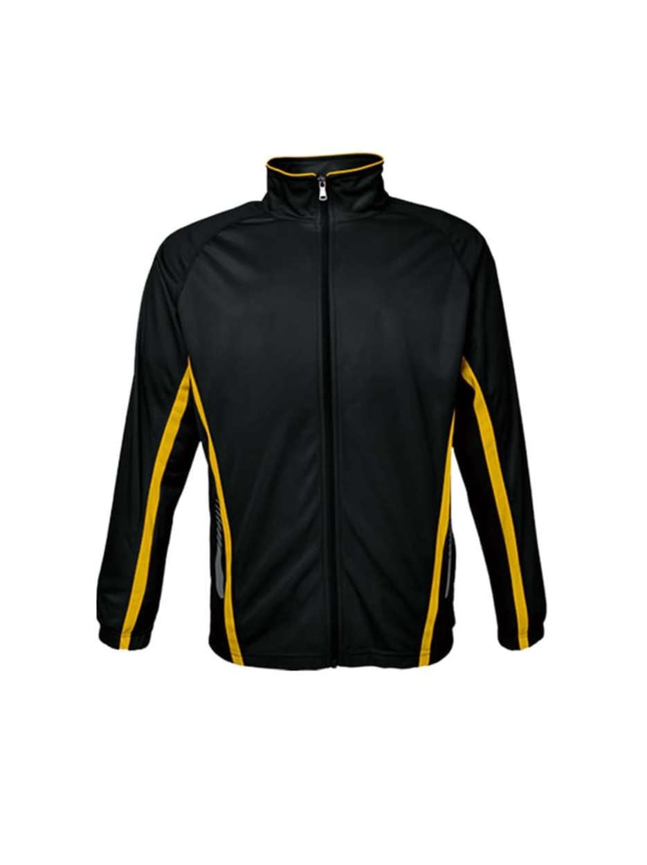 A black track jacket with yellow stripes on the sides and a zipper front. Features a logo on the chest.