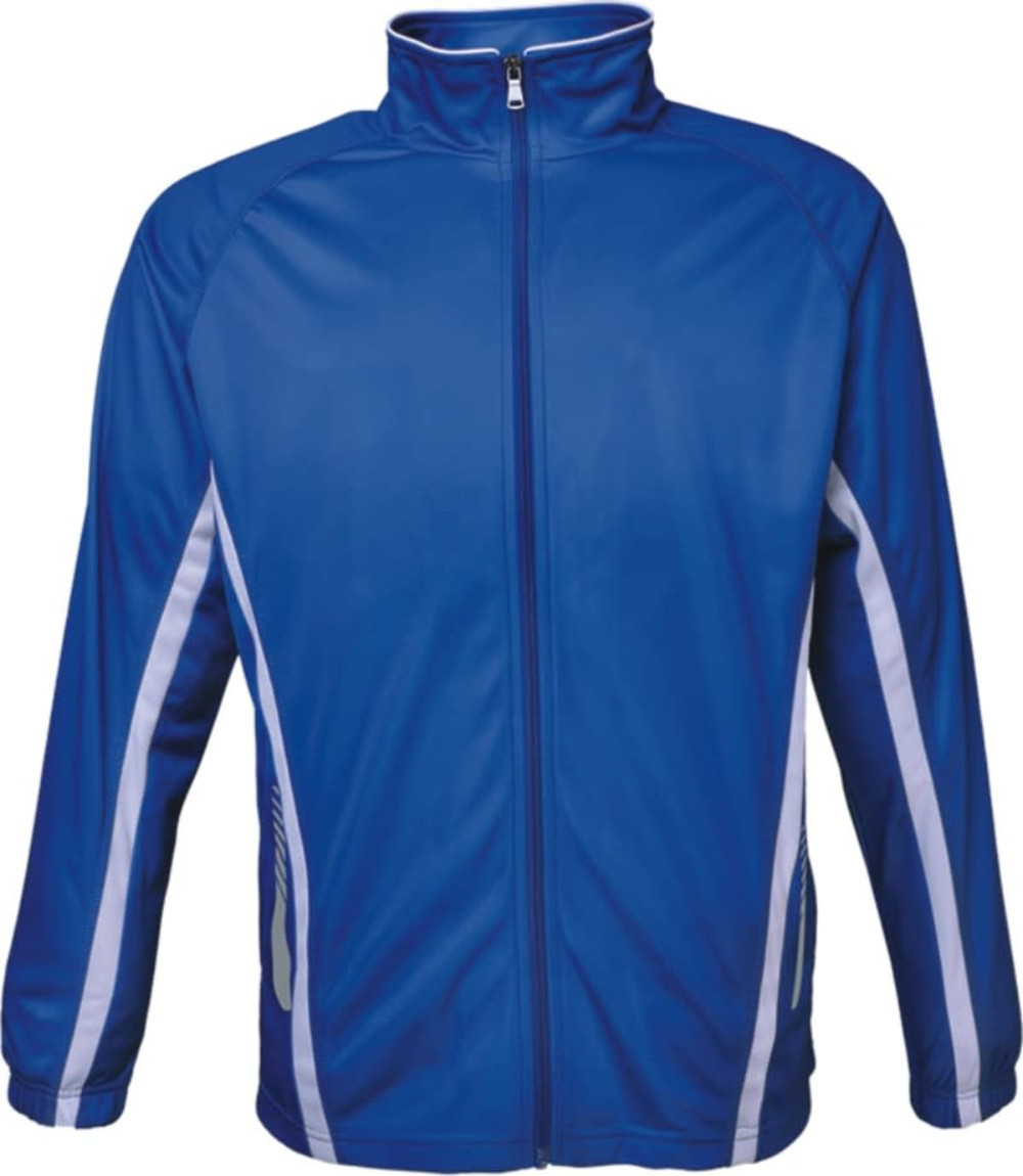 A blue track jacket featuring white stripes and a zipper, with a logo on the chest.