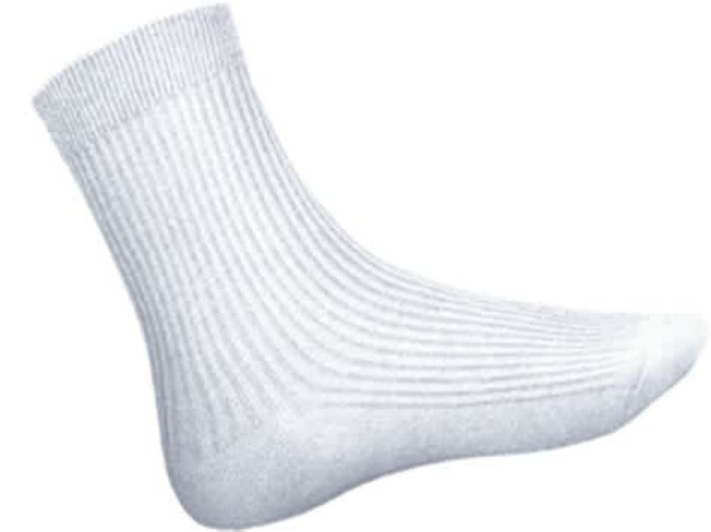 A white kids' school sock featuring a ribbed design and a standard ankle length with a logo.