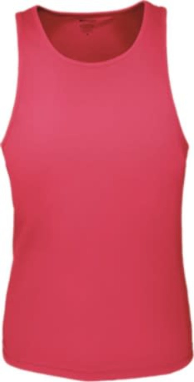 A pink men's brushed action back singlet with a simple design and a logo on it.