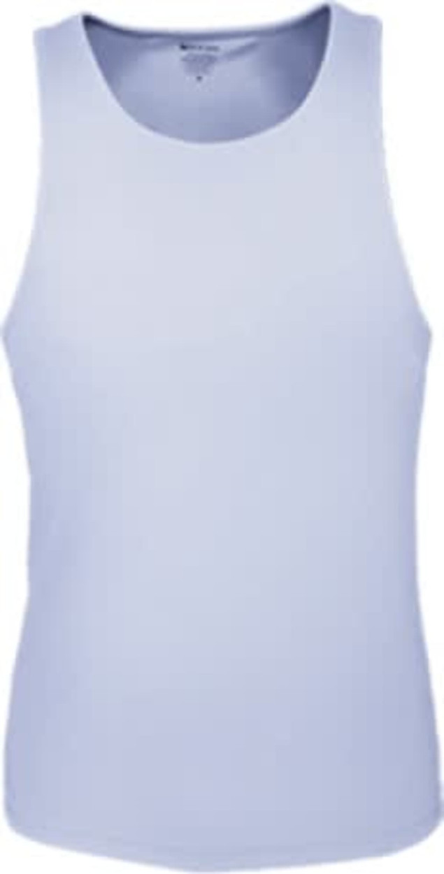 A light blue ladies' brushed action back singlet with a round neckline and no sleeves. It features a branding logo.