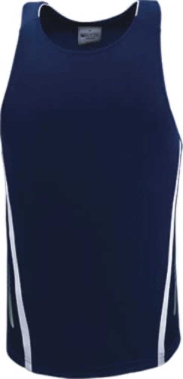 A navy blue unisex sports singlet featuring white side detailing and a label.