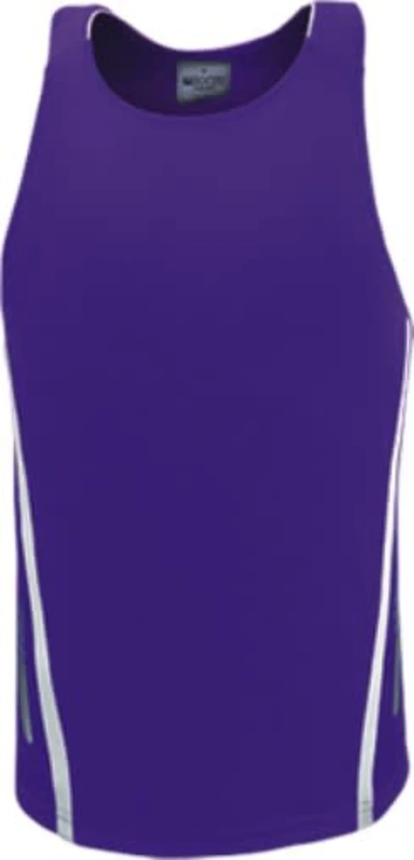 A purple unisex sports singlet featuring a sleek design with contrasting side panels. It has a logo on the label.