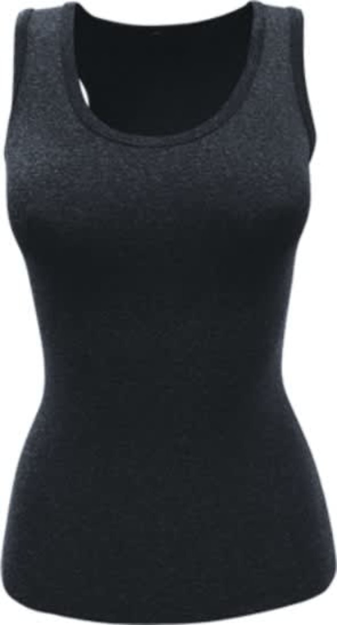 A fitted black singlet top featuring a bra insert and a rounded neckline, designed for women.