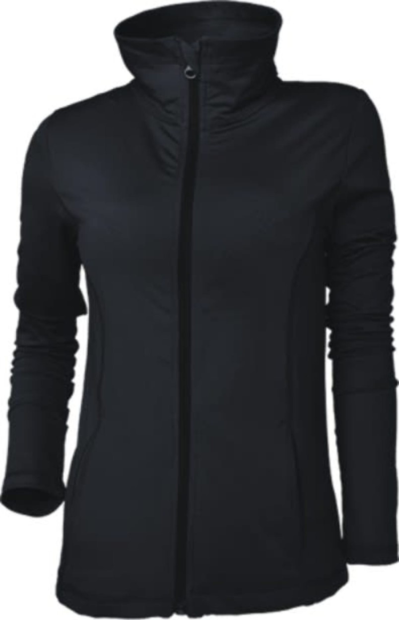 A black ladies yoga jacket with a high collar and zip closure, featuring a logo on the front.