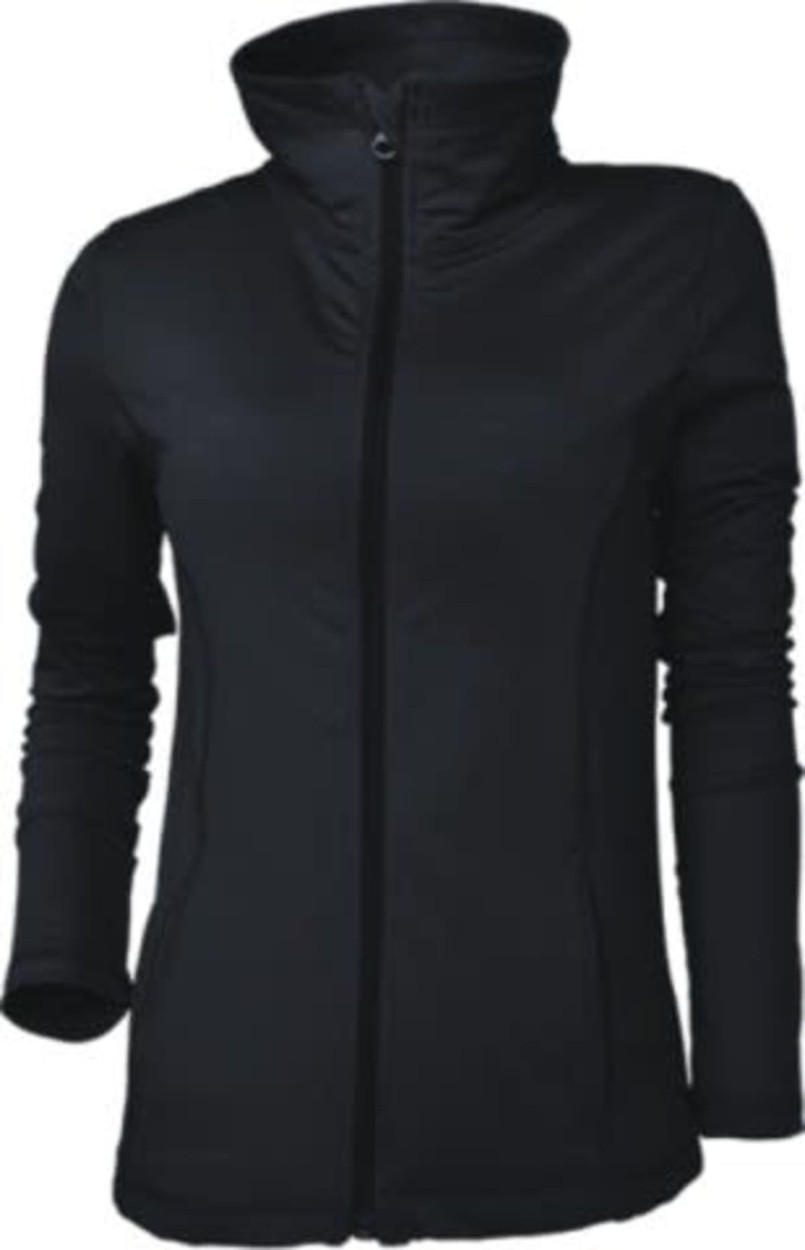 A black kids yoga jacket with a high collar and zip closure, featuring long sleeves and a fitted design.