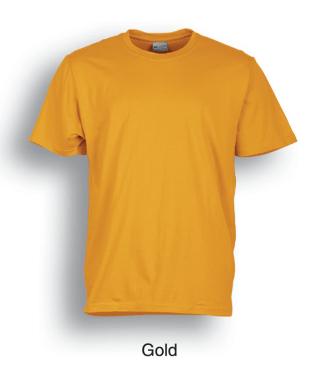 A plain gold unisex adult cotton T-shirt featuring short sleeves and a crew neck, with a brand logo.
