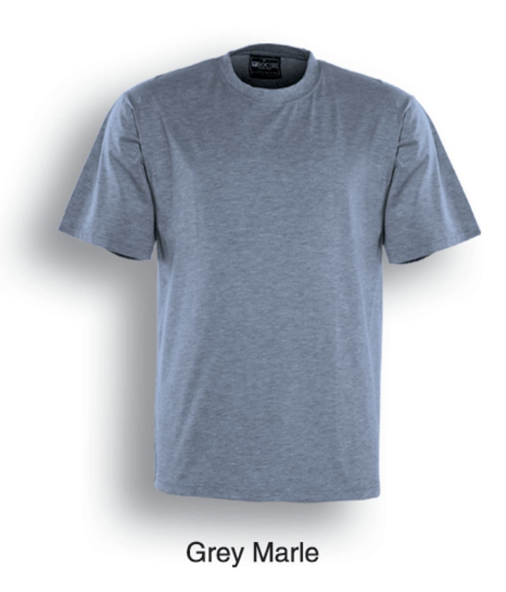 A grey marle unisex adults plain cotton T-shirt featuring short sleeves and a crew neck design.