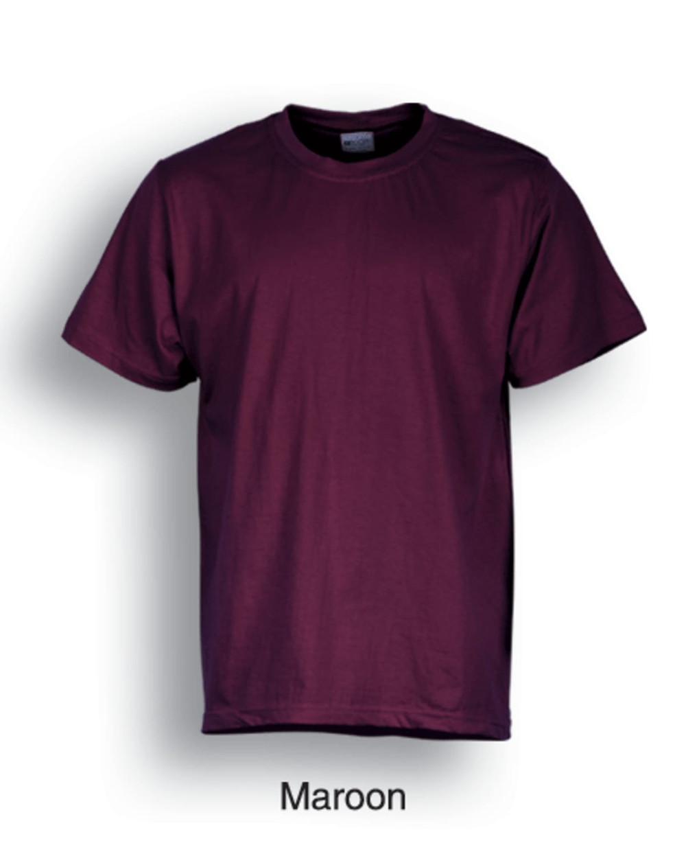 A maroon unisex adults plain cotton T-shirt with short sleeves and a crew neck. It features a logo.