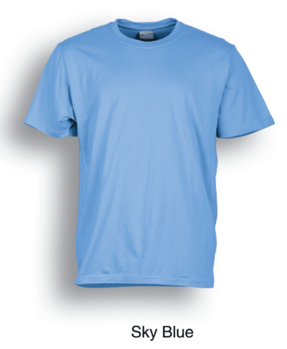 A sky blue unisex cotton T-shirt with a simple design and a logo on it.