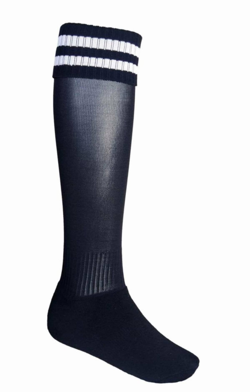 A pair of black sports socks with a striped white band at the top, featuring a ribbed design.