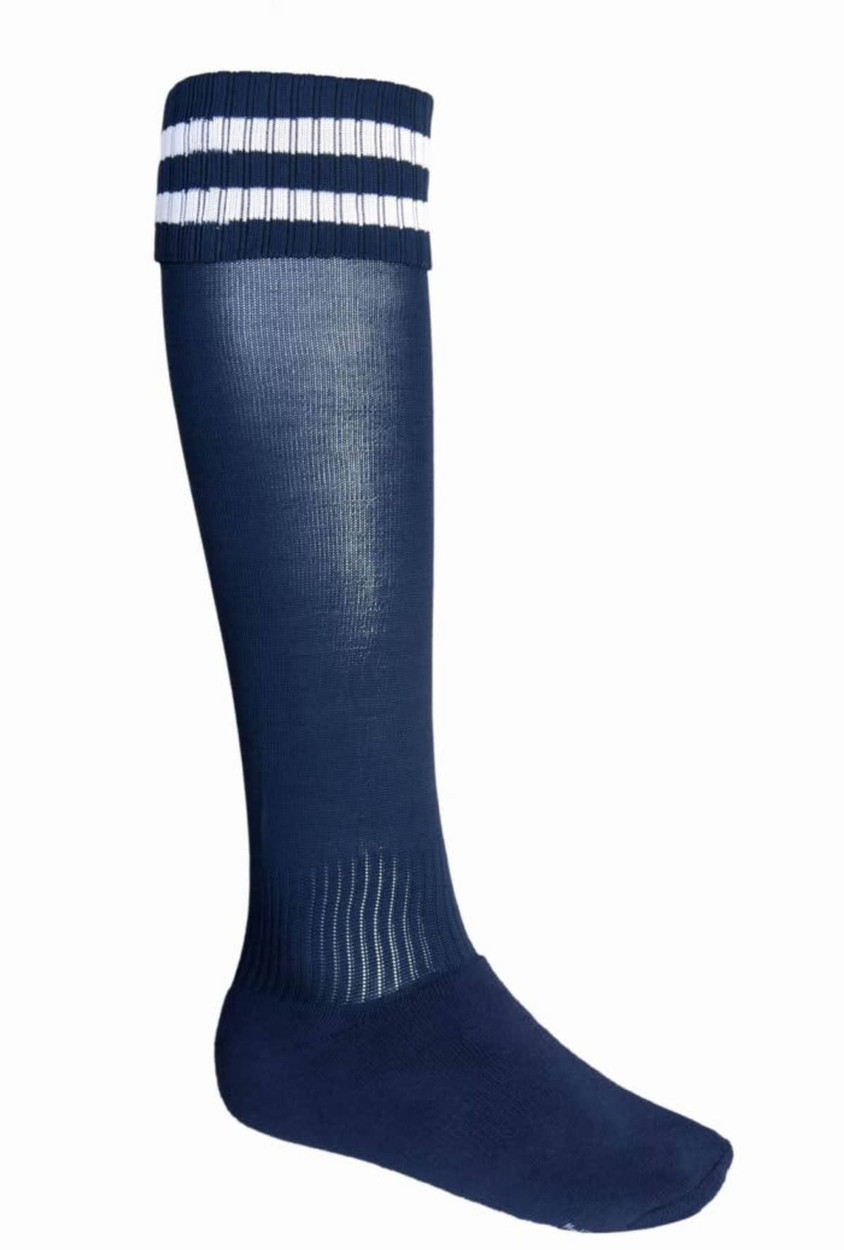 A pair of navy sports socks featuring white striped bands at the top and a smooth finish.