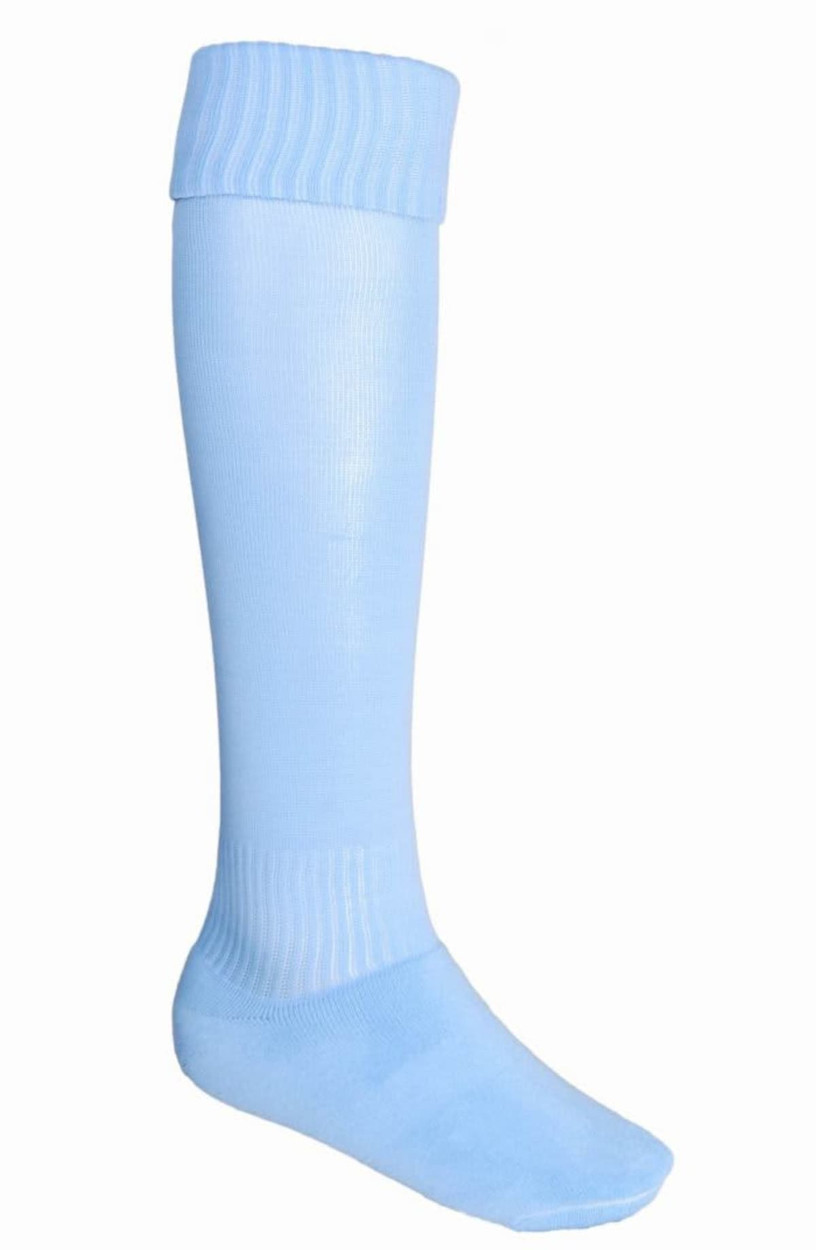 Light blue sports socks featuring a ribbed top and smooth finish, with a logo on the side.
