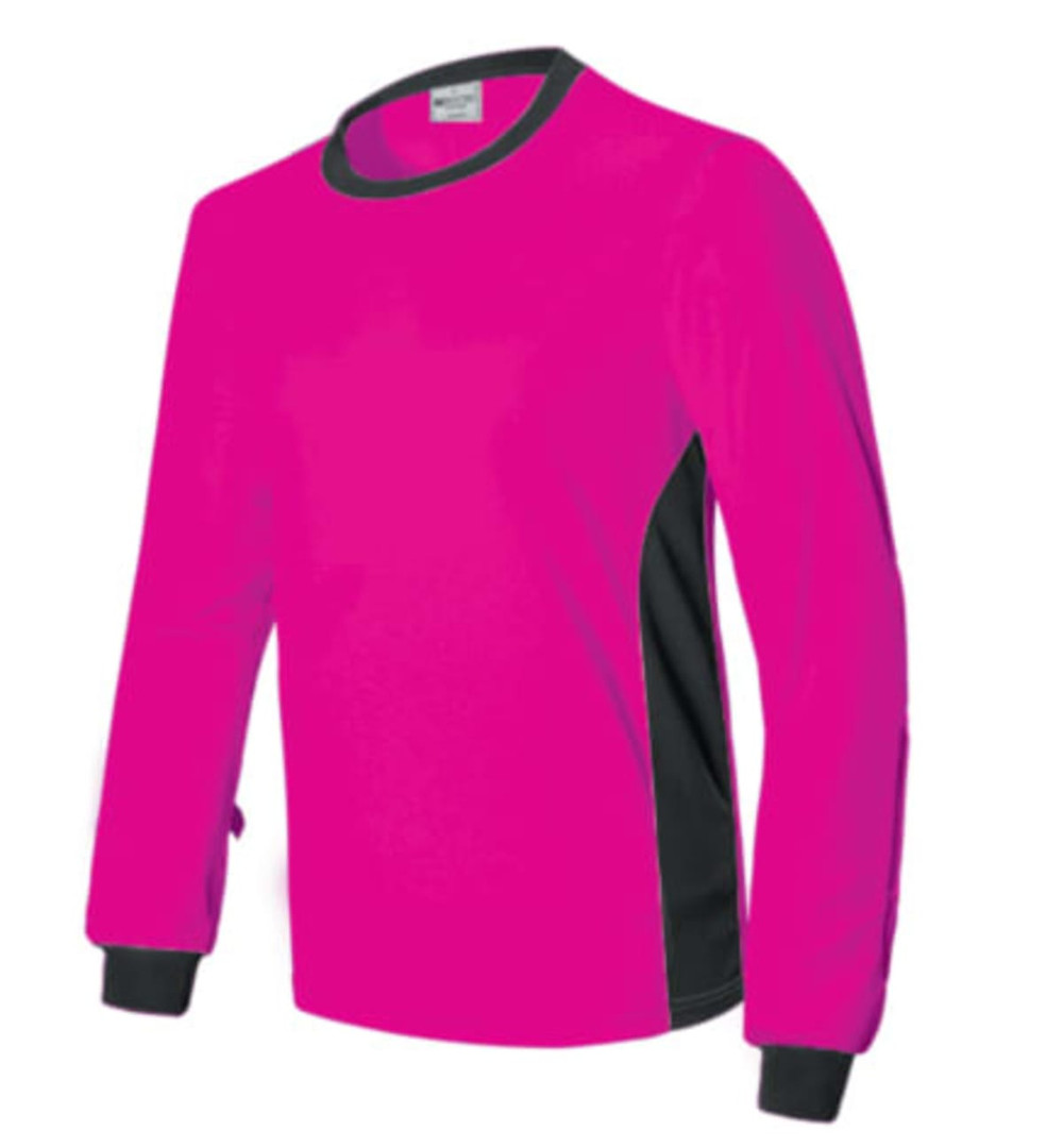 A vibrant pink goalkeeper jersey with black accents and long sleeves, featuring a round neck design.