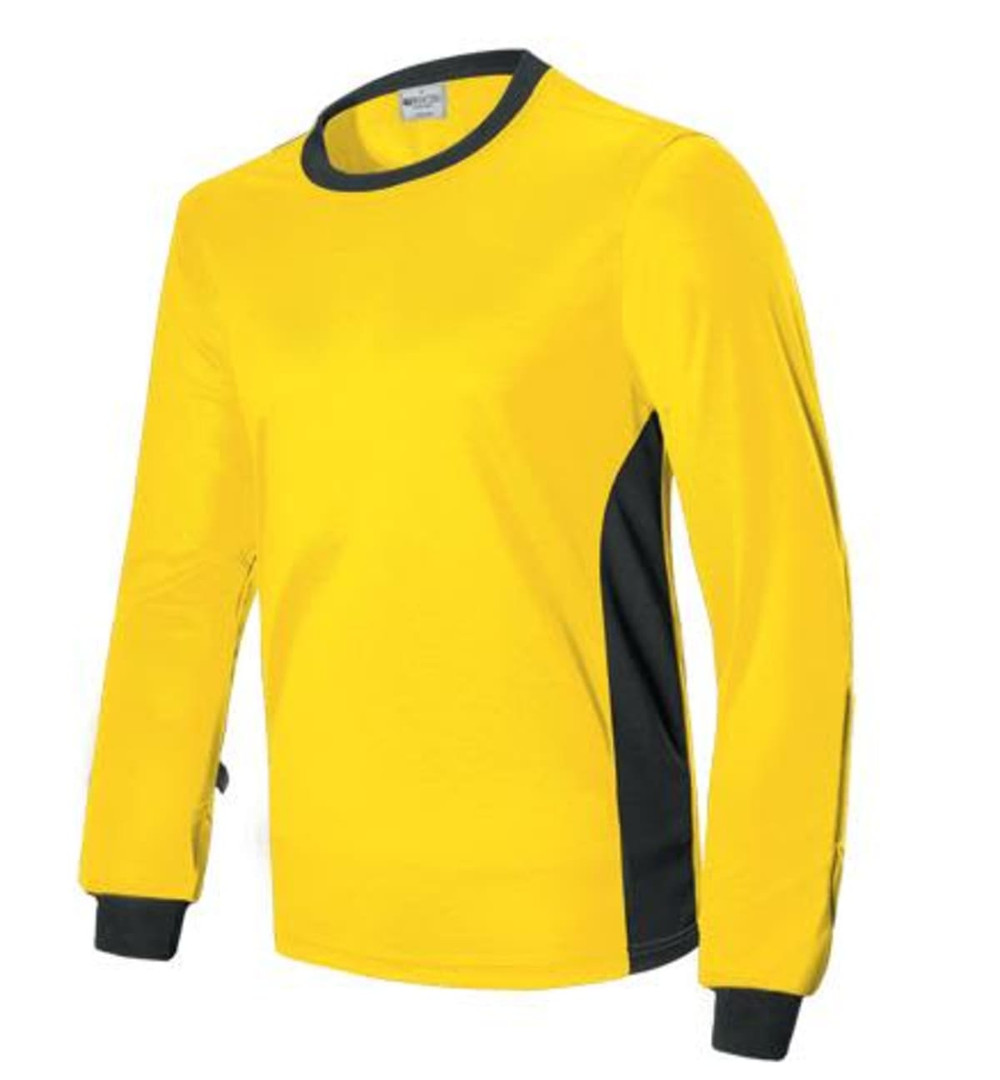 A yellow long-sleeved sports jersey with black side panels and a round neckline, featuring a logo on the front.