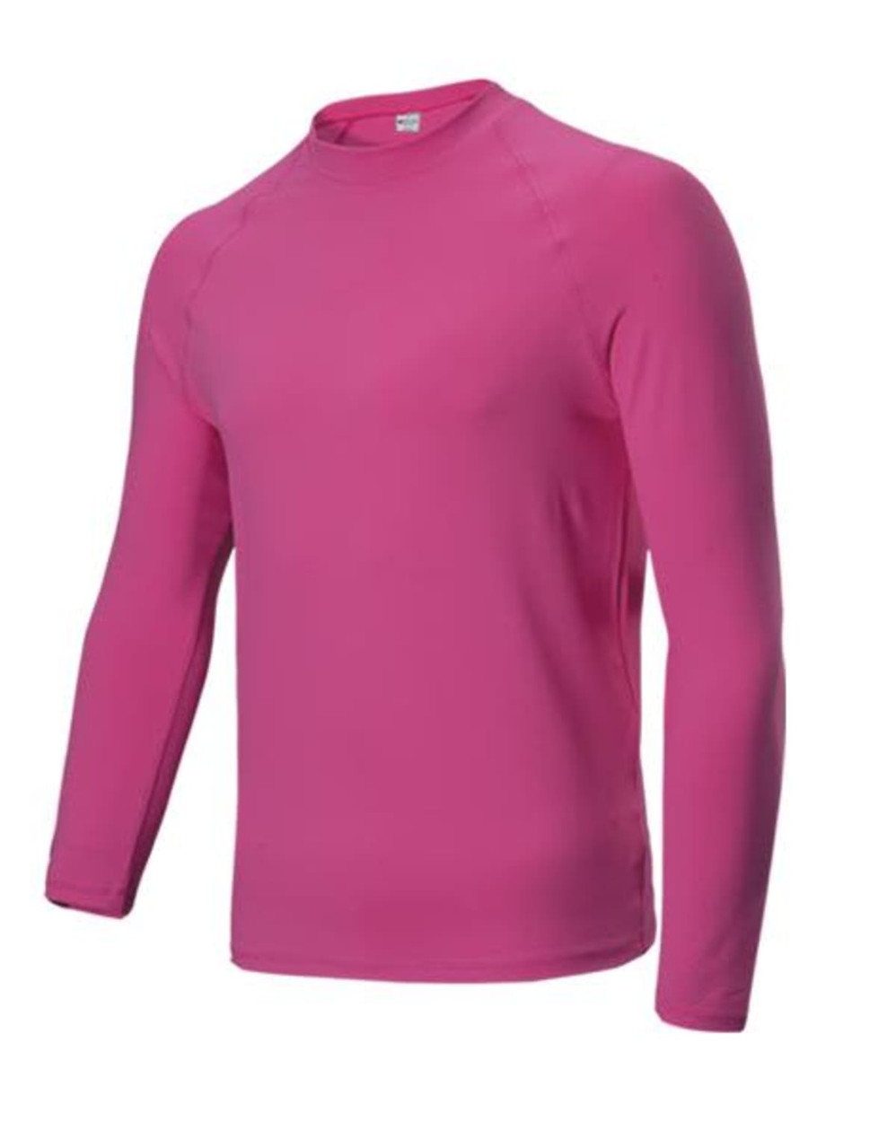 A long-sleeved, pink rashie featuring a round neckline and a fitted silhouette. It has a logo on the label.