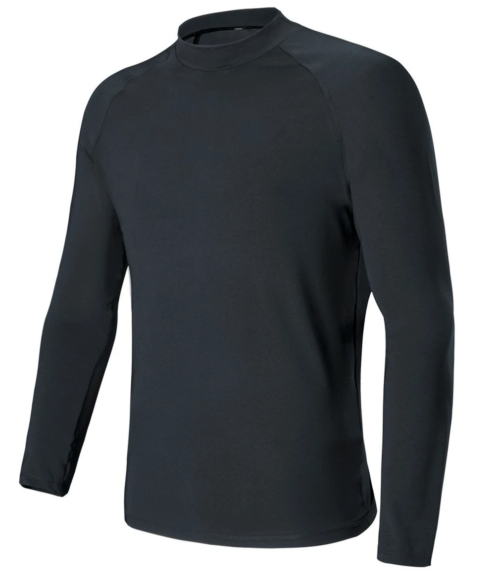 A long-sleeved black rashie with a high neck, featuring a fitted design and smooth fabric. It has a logo.