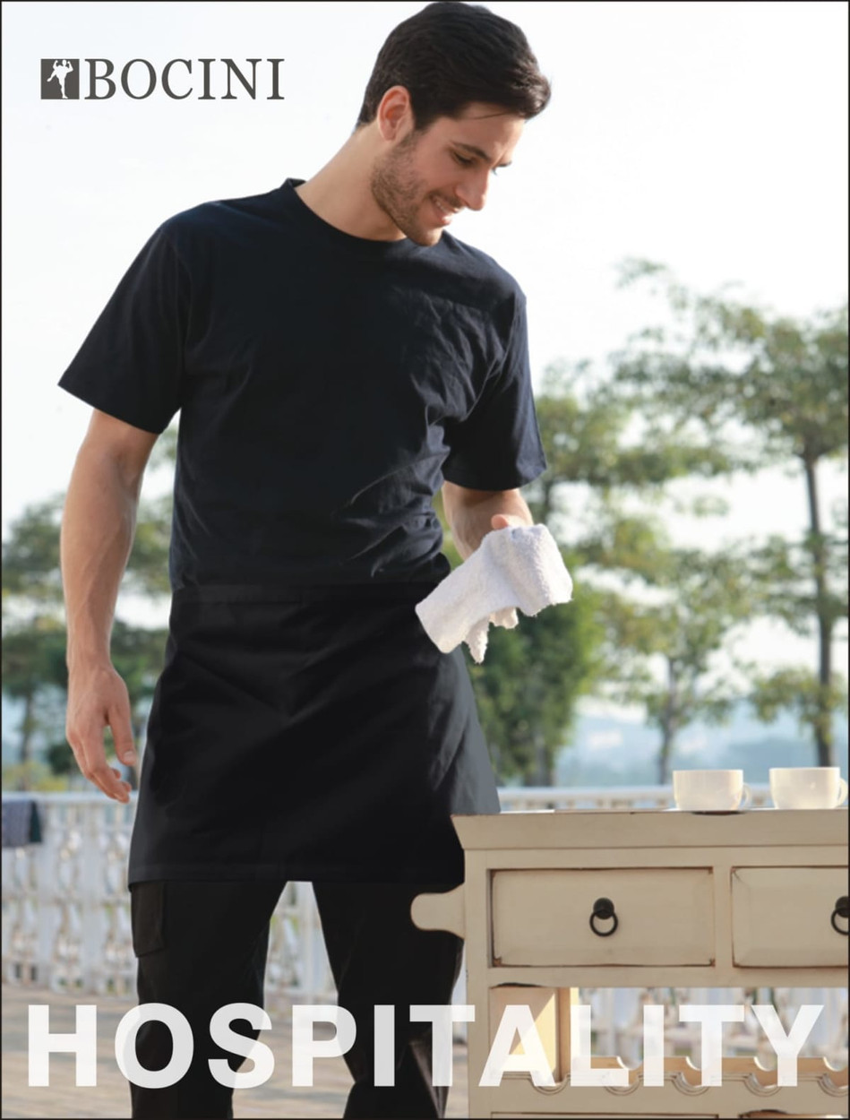 A black polyester drill quarter apron with a model holding a cloth, set outdoors. Features a logo.
