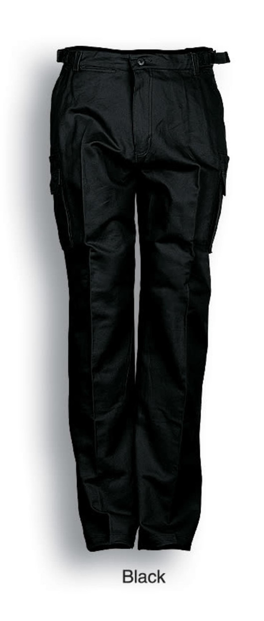Black cotton drill cargo work pants featuring multiple pockets and a waistband adjuster. Includes a logo on the garment.
