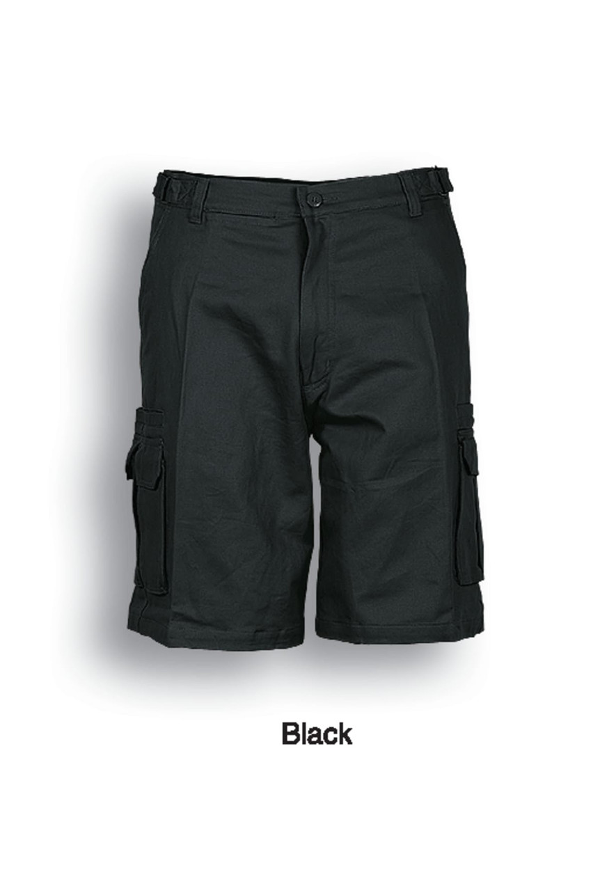 Black unisex adults' cotton drill cargo shorts featuring multiple pockets and a belt loop, with a logo present.