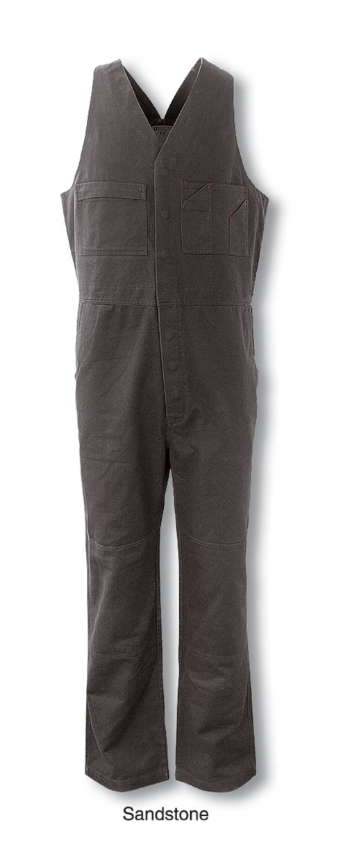 A sandstone-coloured unisex cotton drill overall, featuring a sleeveless design and multiple pockets.