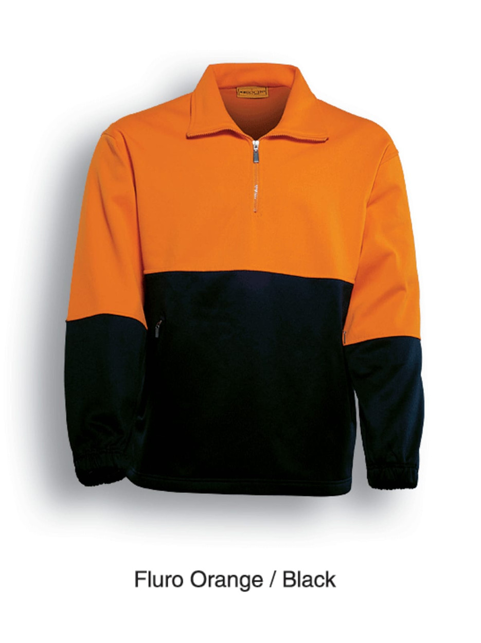A unisex hi-vis fleece jumper in fluro orange and black with a half zip and elastic cuffs. Features a logo.